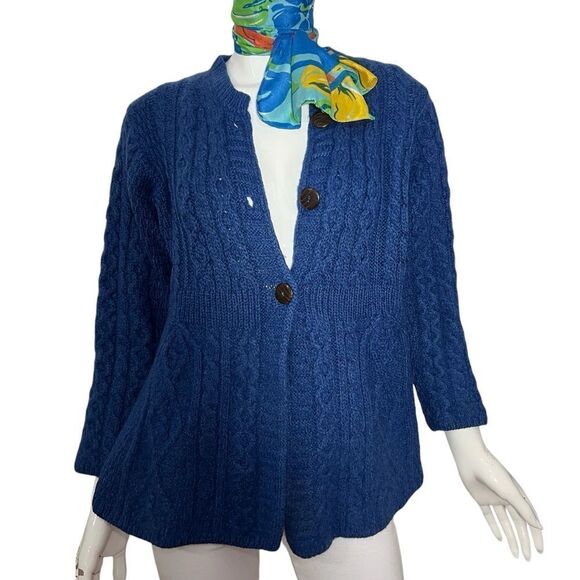 Carraigdonn Made in Ireland 100% Merino Wool‎ Royal Blue Cable Knit Cardigan - L - Picture 1 of 10